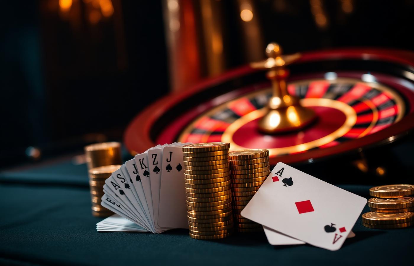 Casino Playing Cards and Golden Chips on Table