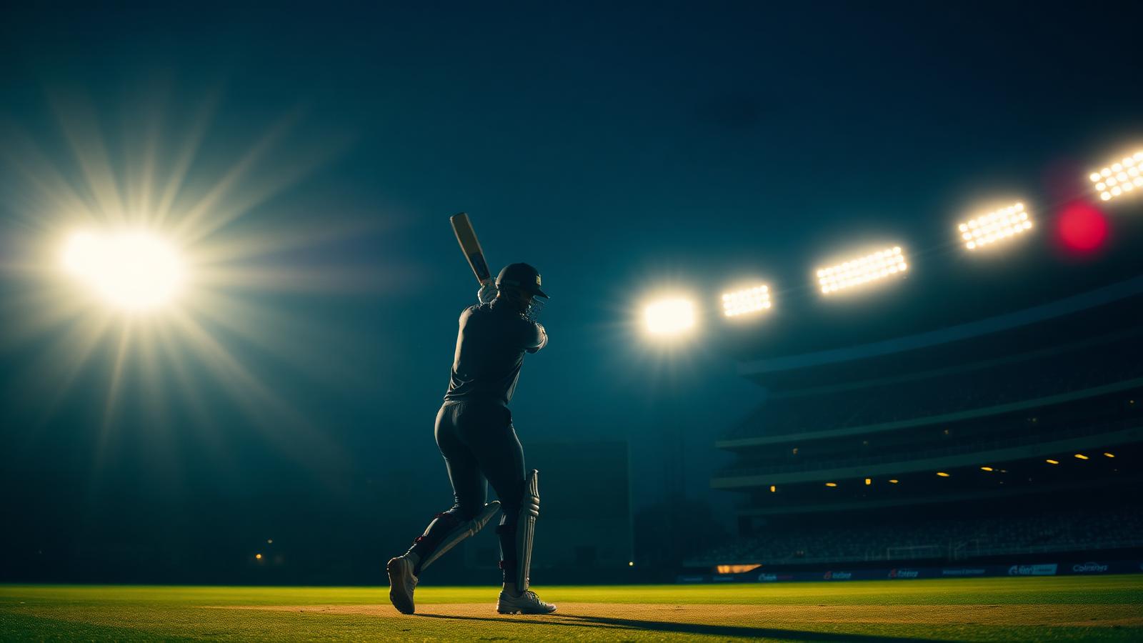 Floodlit cricket stadium with batsman ready to play under bright lights