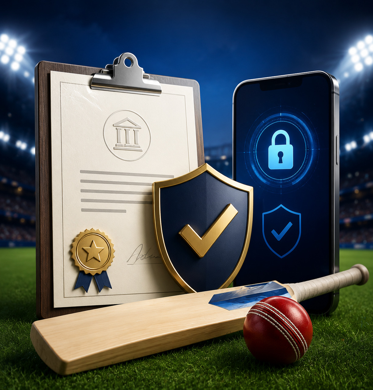 Golden Cricket Trophy under Stadium Lights